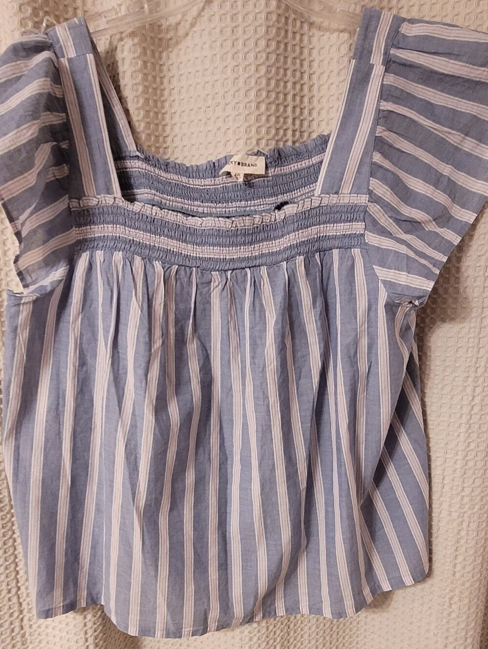 Lucky Brand Blue and White Striped Smocked Square-Neck Top